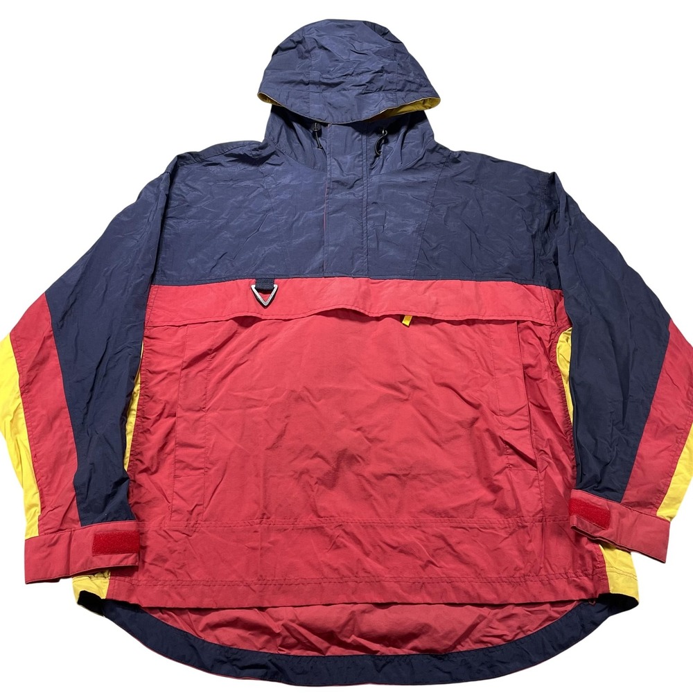 VTG White Sierra Jacket Mens XL Red Blue Yellow Hooded Nylon Anorak Ski Pullover